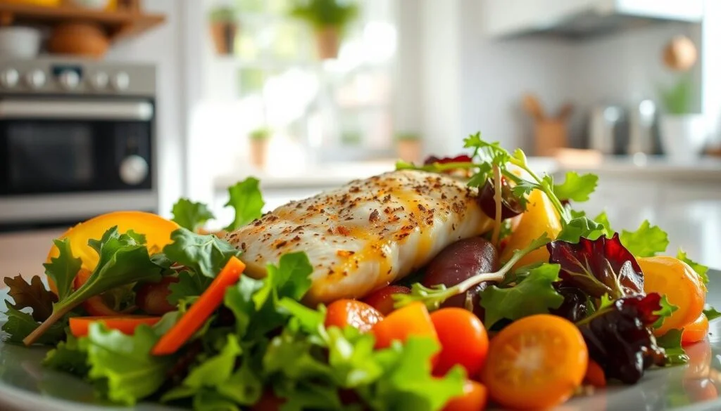 Keto Lunch: Crispy Sea Bass Salad with Garden Greens 2 Keto Lunch Crispy Sea Bass Salad with Garden Greens 2@www.burnbodyfatdaily.wepb