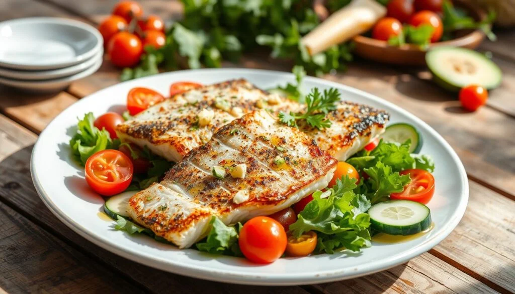 Keto Lunch: Crispy Sea Bass Salad with Garden Greens 3 Keto Lunch Crispy Sea Bass Salad with Garden Greens 3@www.burnbodyfatdaily.wepb